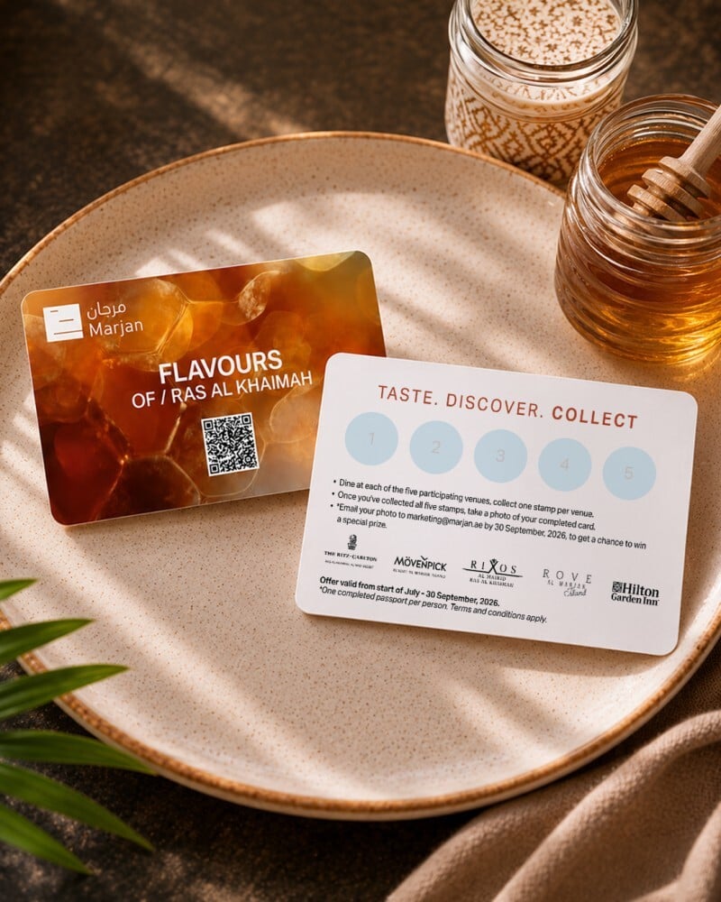 Flavours of Ras Al Khaimah dining passport card, front and back